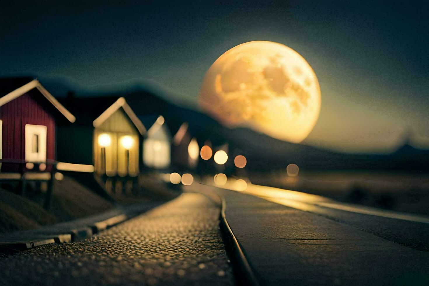 un' pieno Luna è visto al di sopra di un' treno traccia con case. ai-generato foto