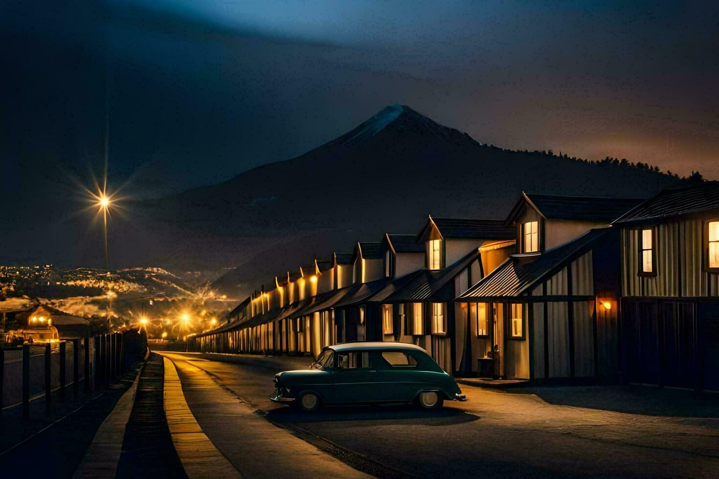un' auto è parcheggiata nel davanti di un' riga di case a notte. ai-generato foto