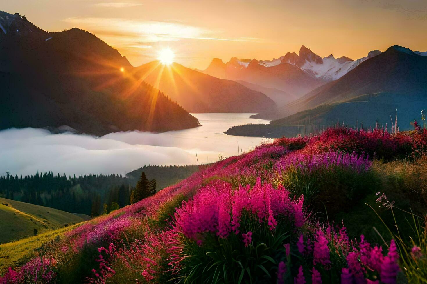 il sole sorge al di sopra di un' montagna gamma con viola fiori. ai-generato foto