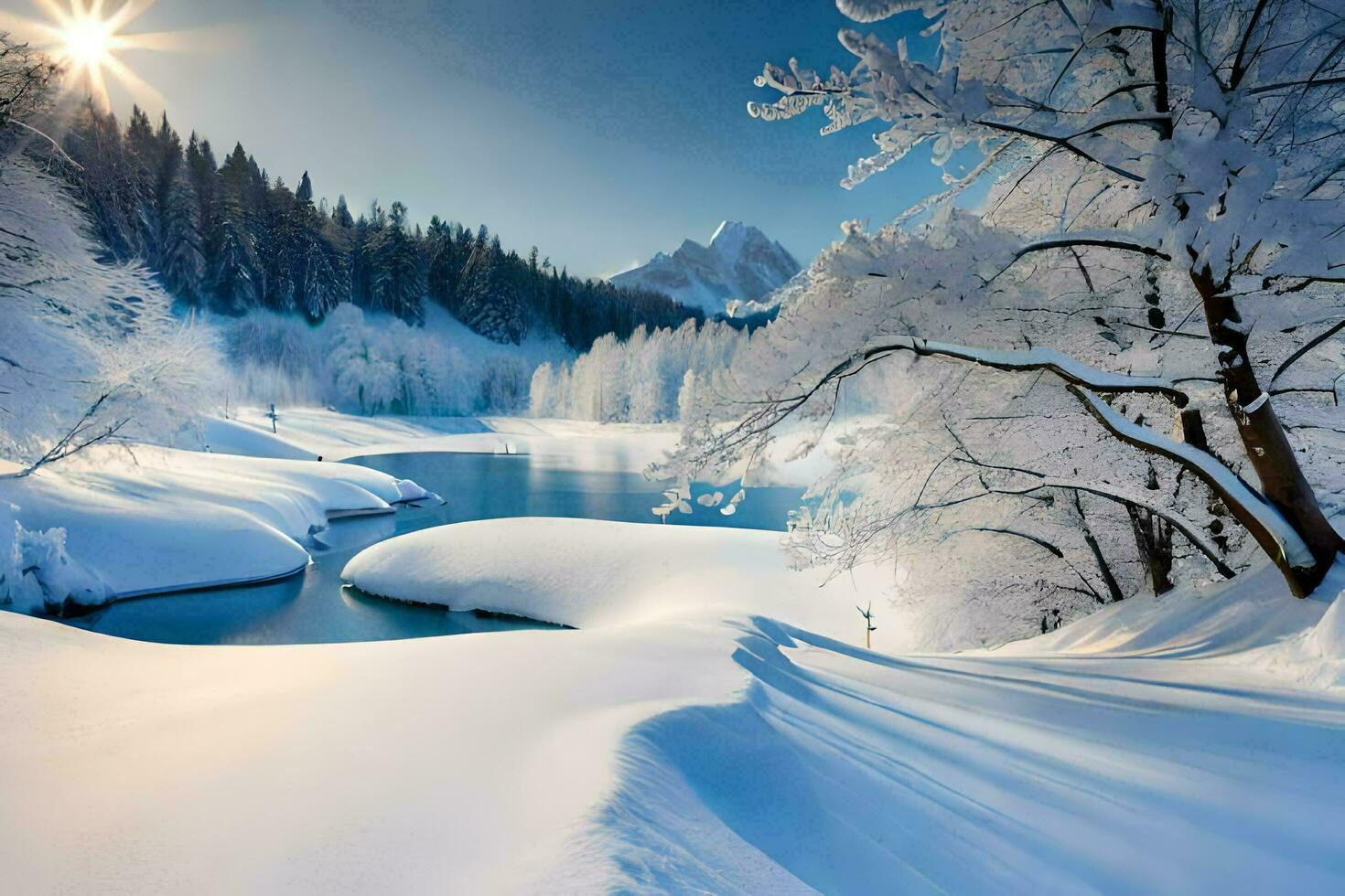 un' nevoso paesaggio con un' fiume e alberi. ai-generato foto