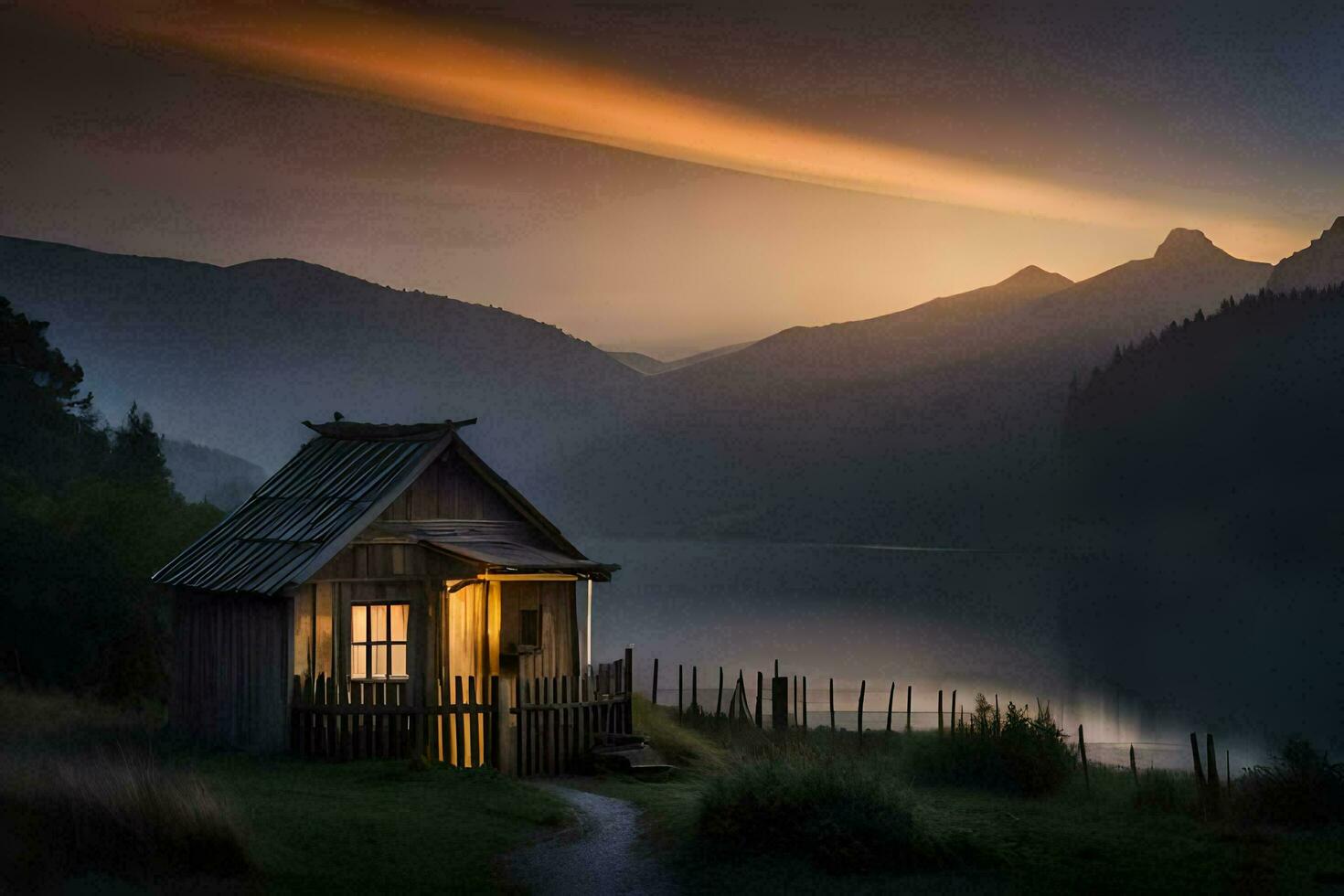 un' piccolo cabina si siede su il lato di un' lago a tramonto. ai-generato foto