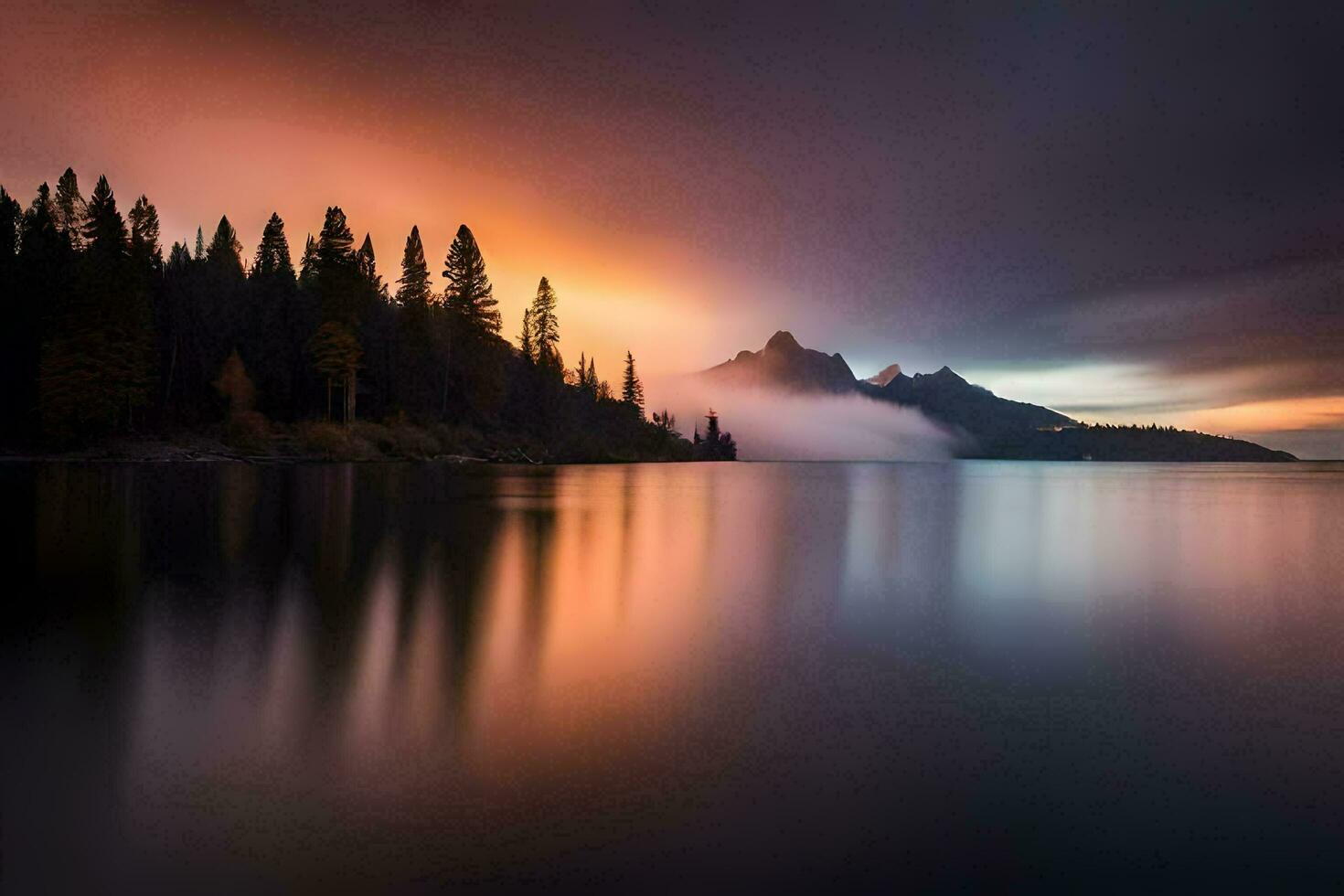 un' bellissimo tramonto al di sopra di un' lago con alberi e montagne. ai-generato foto