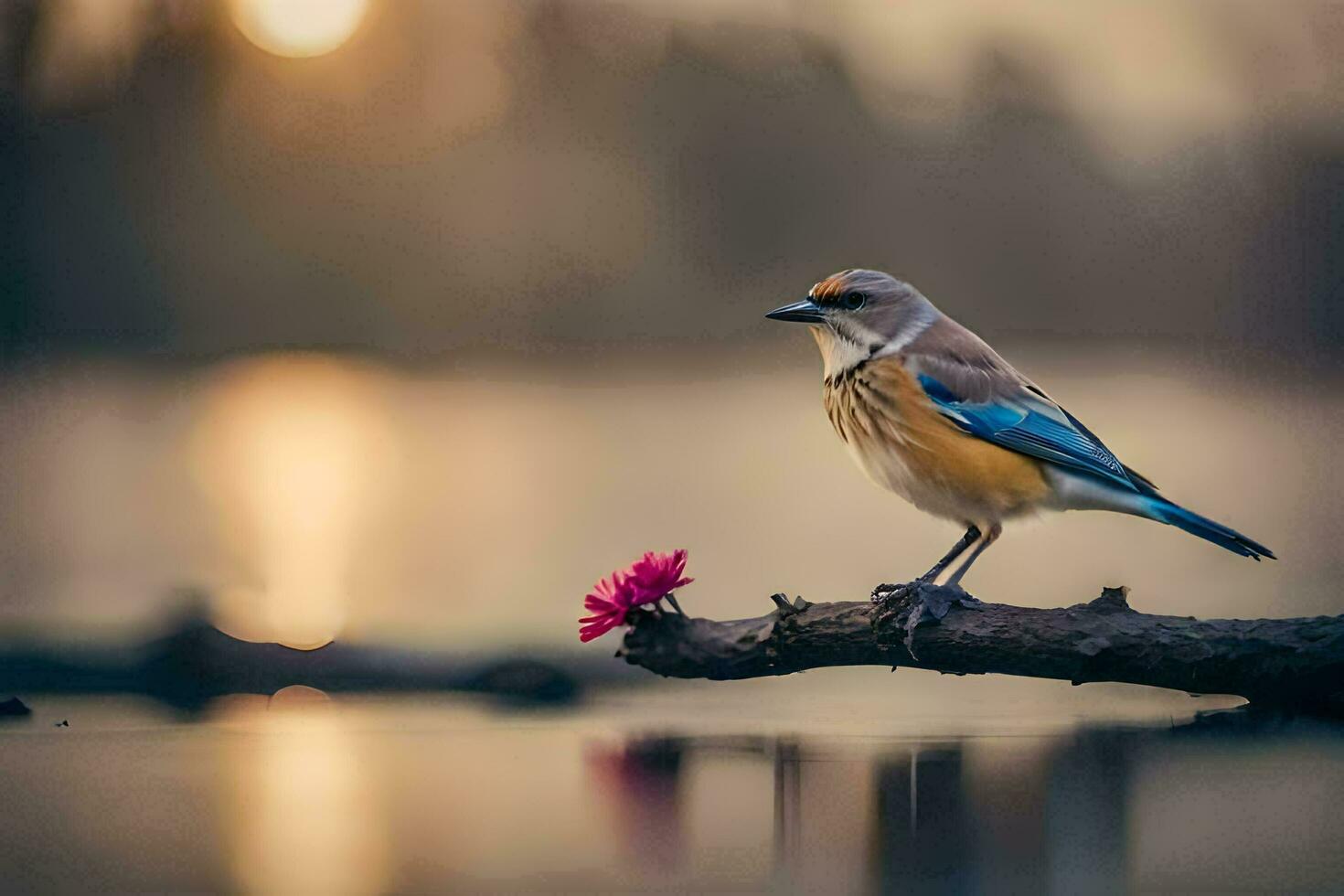 un' uccello seduta su un' ramo con un' fiore nel il acqua. ai-generato foto