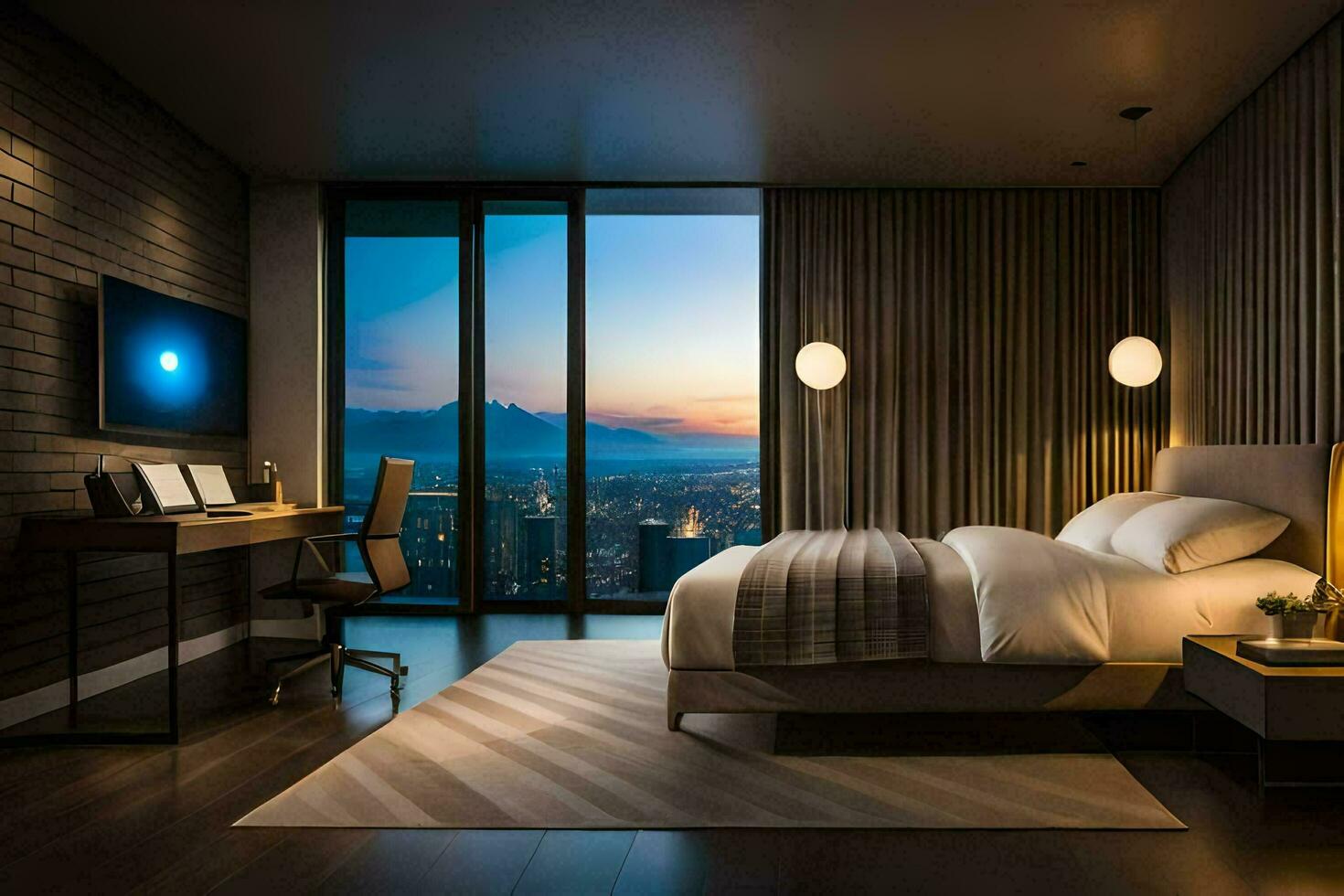 un' moderno Camera da letto con un' Visualizza di il città. ai-generato foto