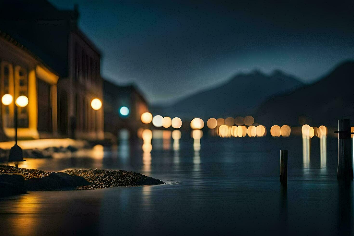 foto sfondo il notte, lago, luci, il luci, il luci, il luci, il. ai-generato