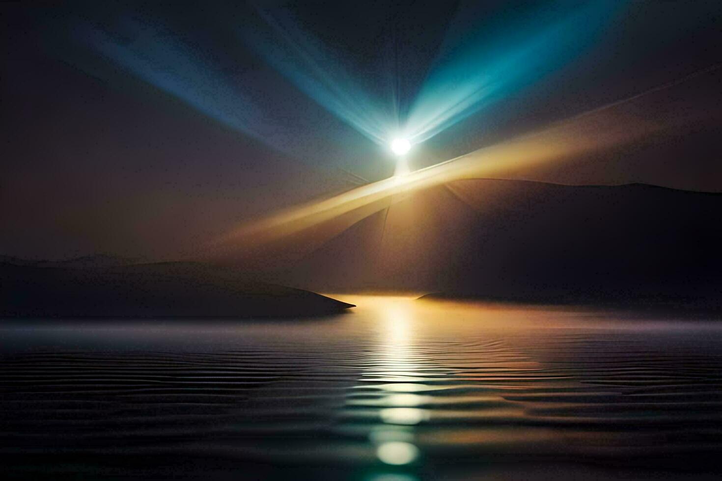 un' luminosa leggero brilla al di sopra di un' lago e montagne. ai-generato foto