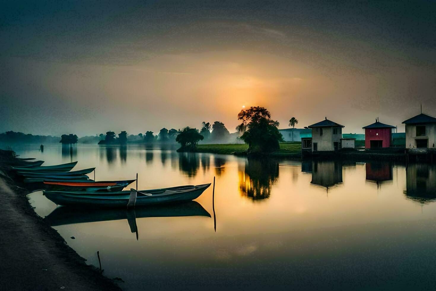 Barche siamo attraccato su il fiume a tramonto. ai-generato foto