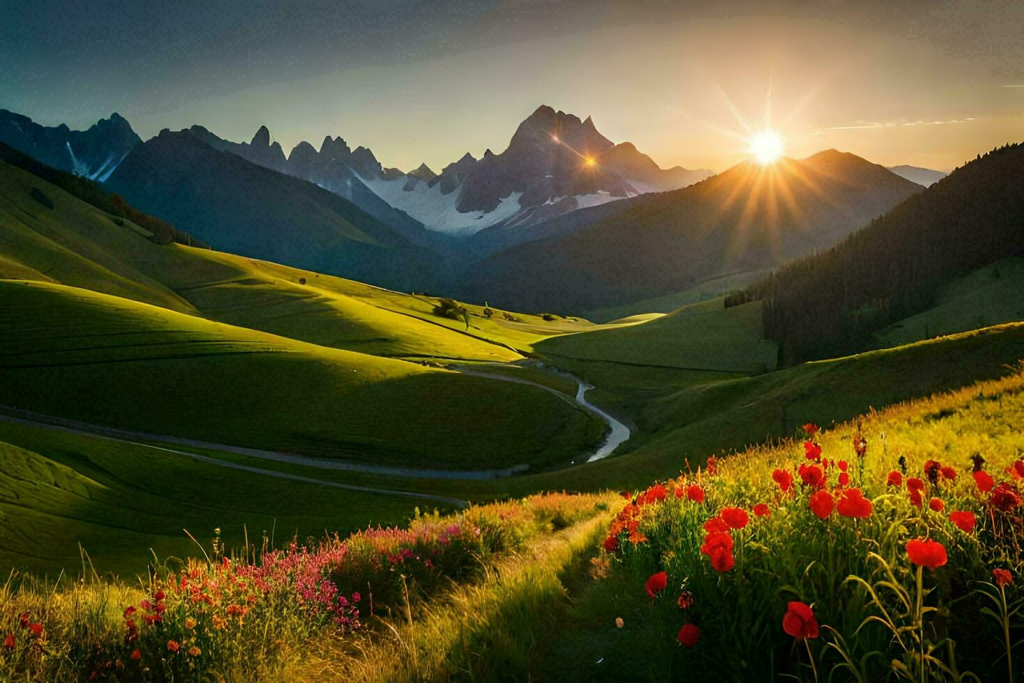 il sole sorge al di sopra di il montagne e fiori nel il valle. ai-generato foto