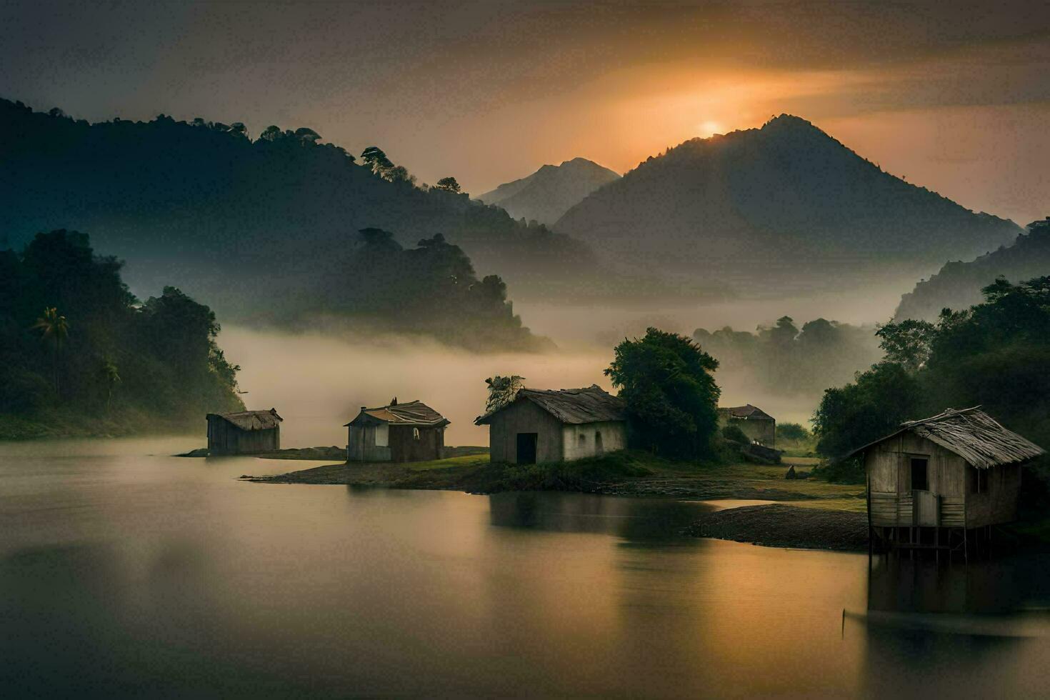 il sole sorge al di sopra di un' fiume e alcuni piccolo capanne. ai-generato foto