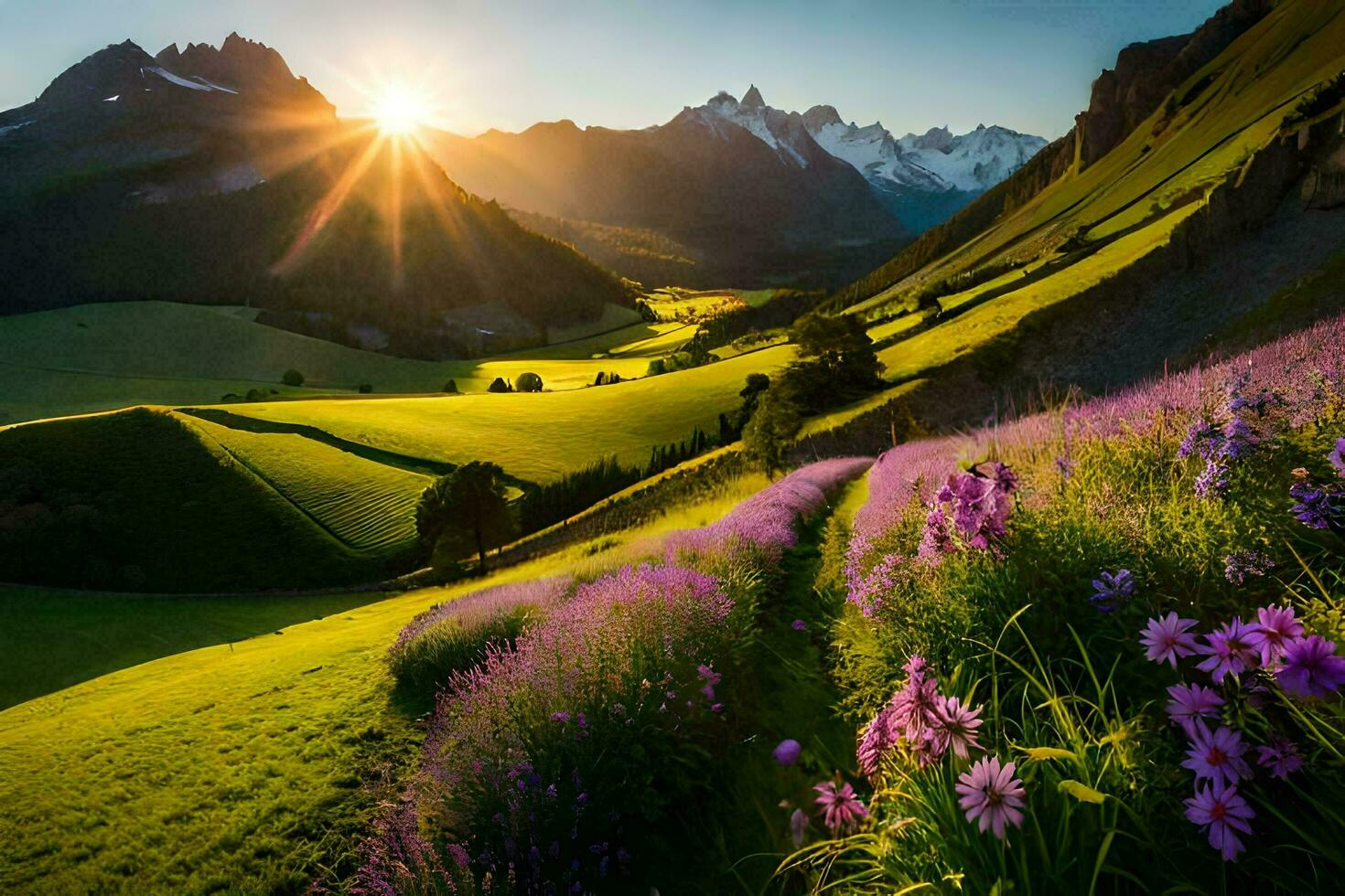 il sole sorge al di sopra di il montagne nel il sfondo. ai-generato foto