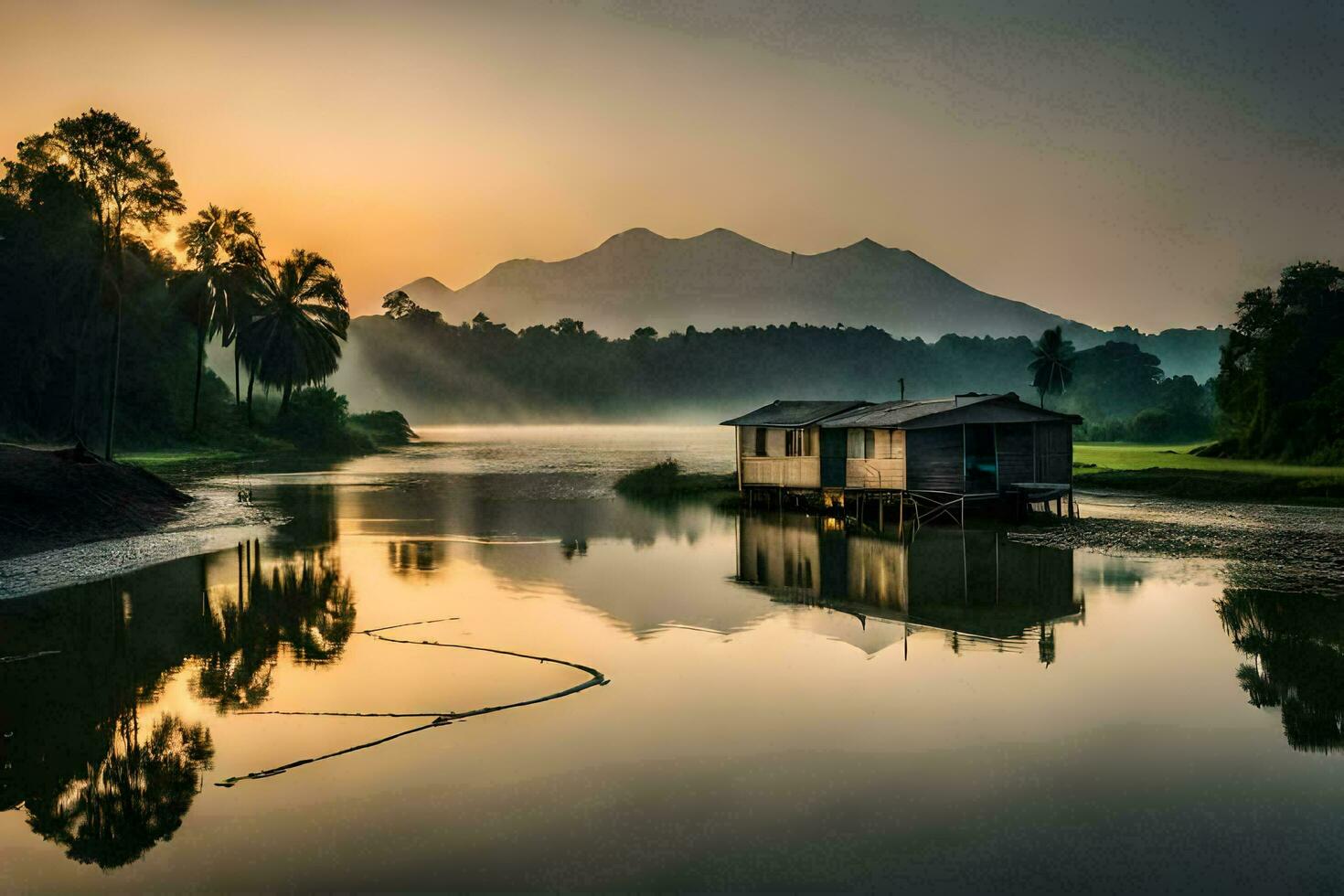 un' piccolo Casa si siede su il bordo di un' lago a Alba. ai-generato foto