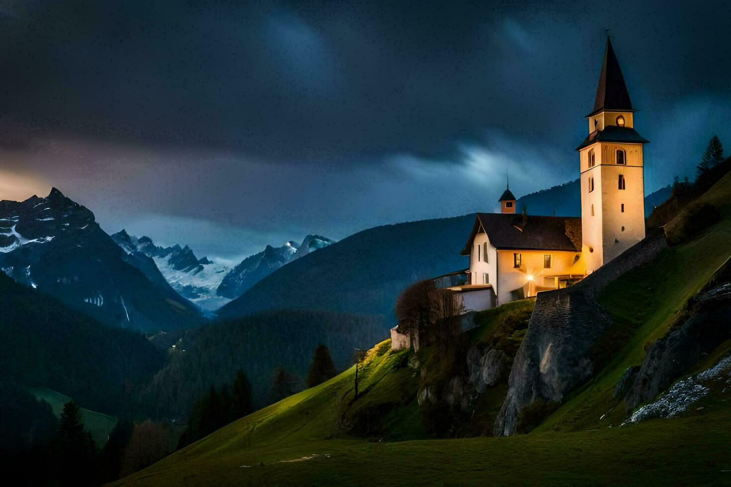 foto sfondo il cielo, montagne, Chiesa, il scuro, il montagne, il Chiesa, il. ai-generato