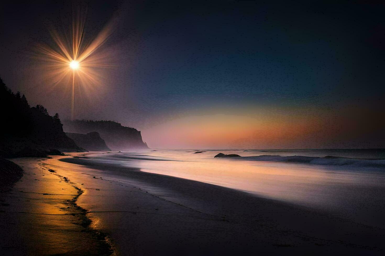 il sole brilla al di sopra di il oceano a notte. ai-generato foto