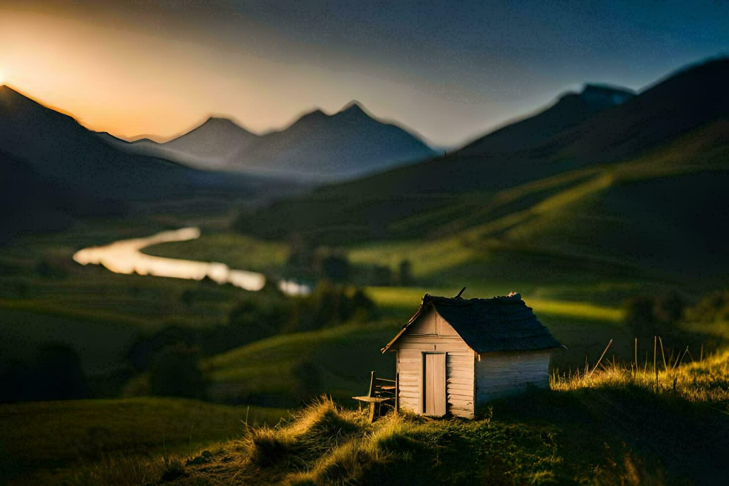 il sole sorge al di sopra di un' piccolo cabina nel il montagne. ai-generato foto