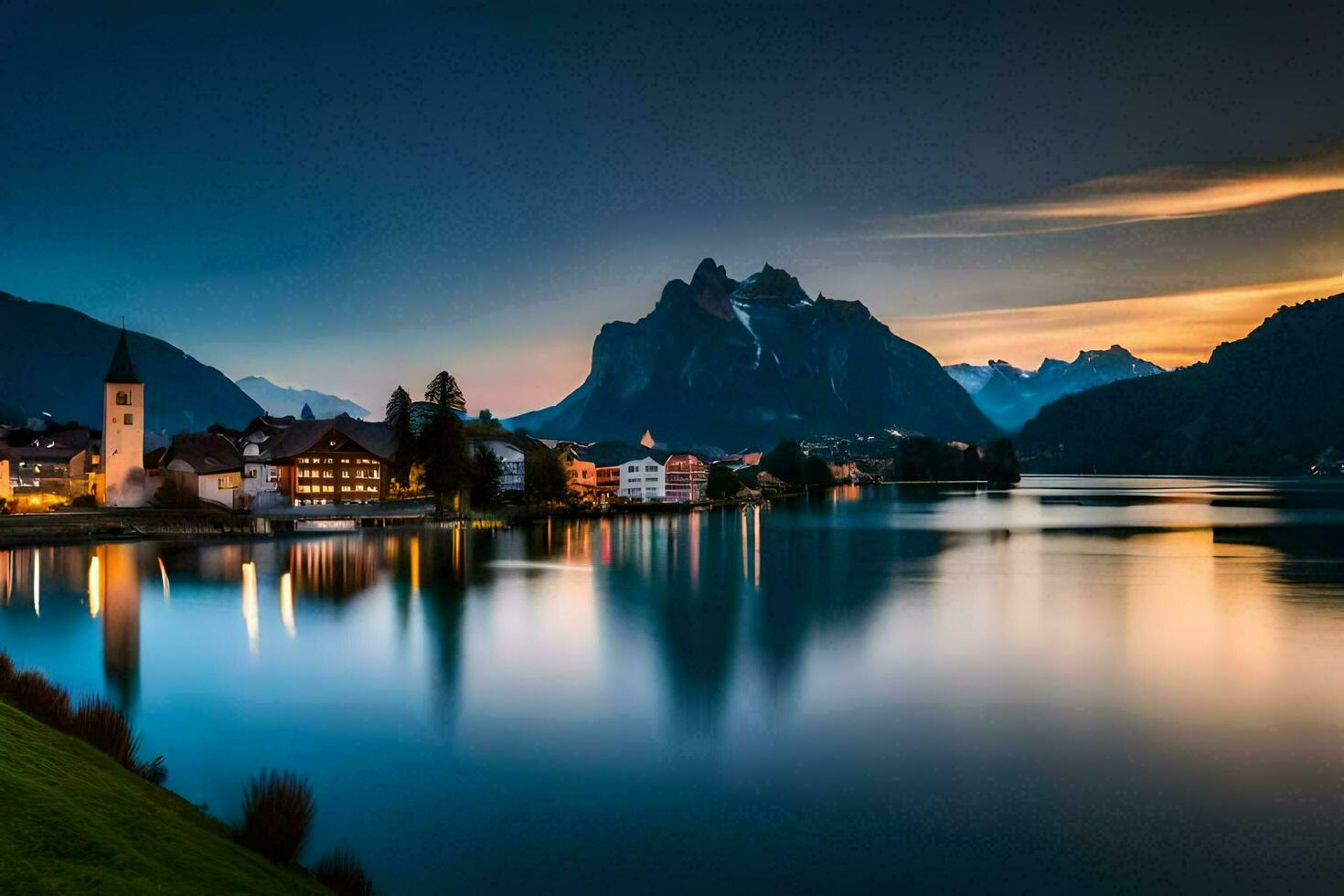 il sole imposta al di sopra di un' lago e montagne nel il sfondo. ai-generato foto