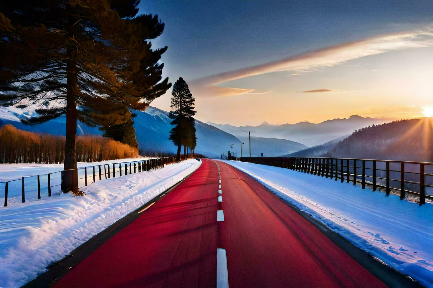 un' strada nel il neve con il sole ambientazione dietro a esso. ai-generato foto