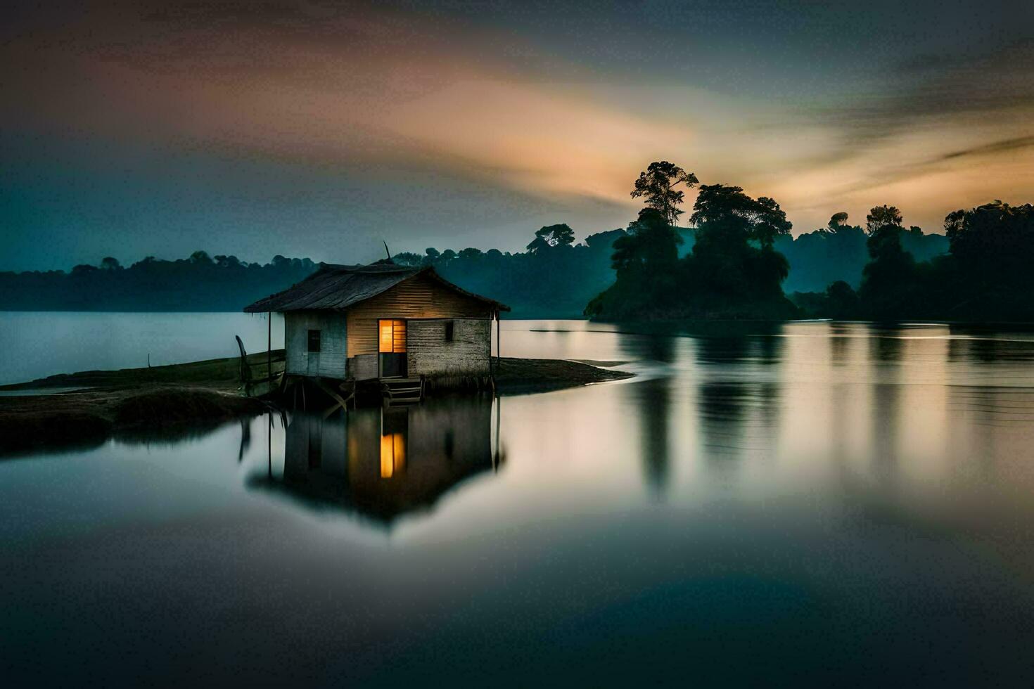 un' piccolo Casa si siede su il riva di un' lago a tramonto. ai-generato foto