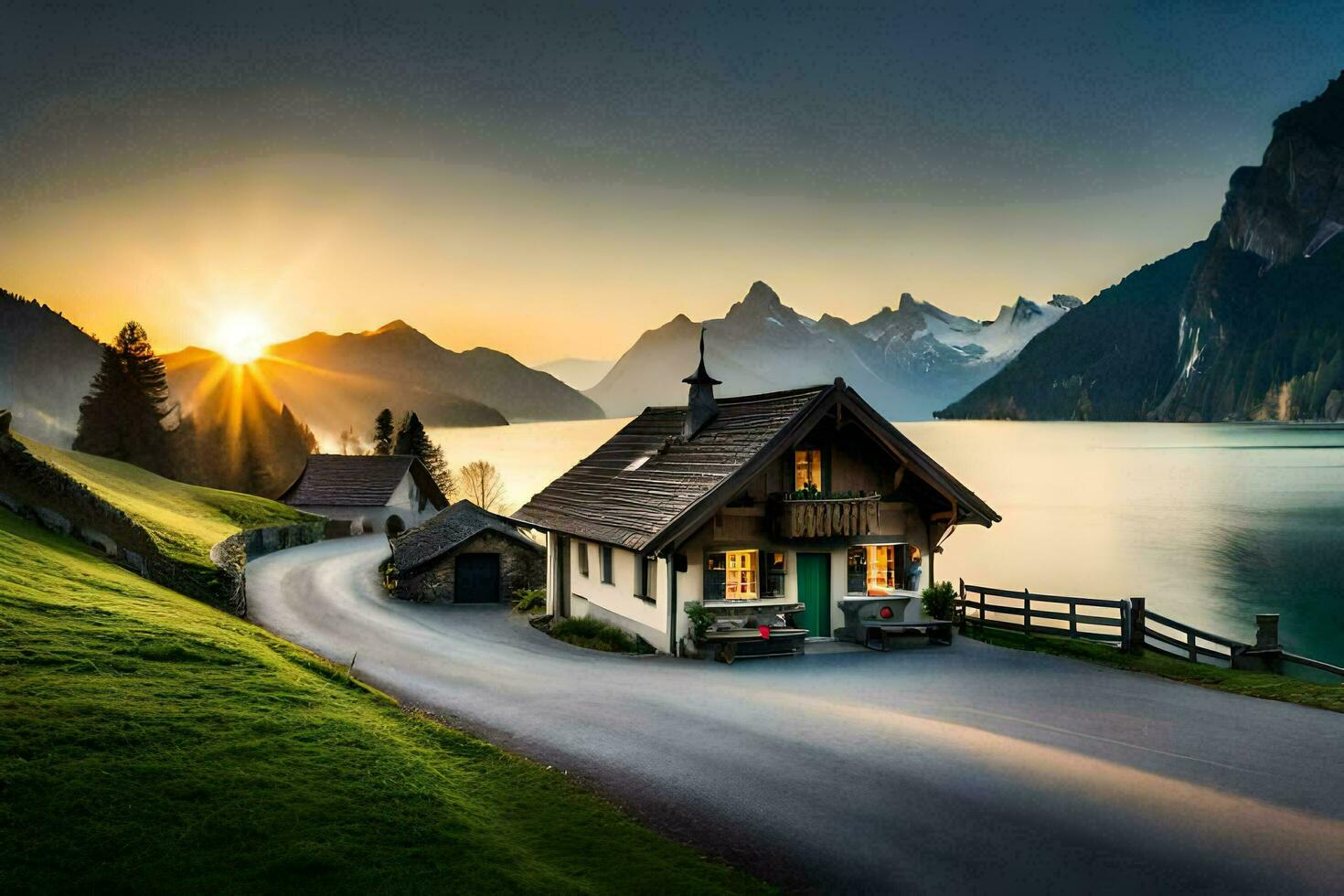 un' Casa su il lato di un' montagna prospiciente un' lago. ai-generato foto