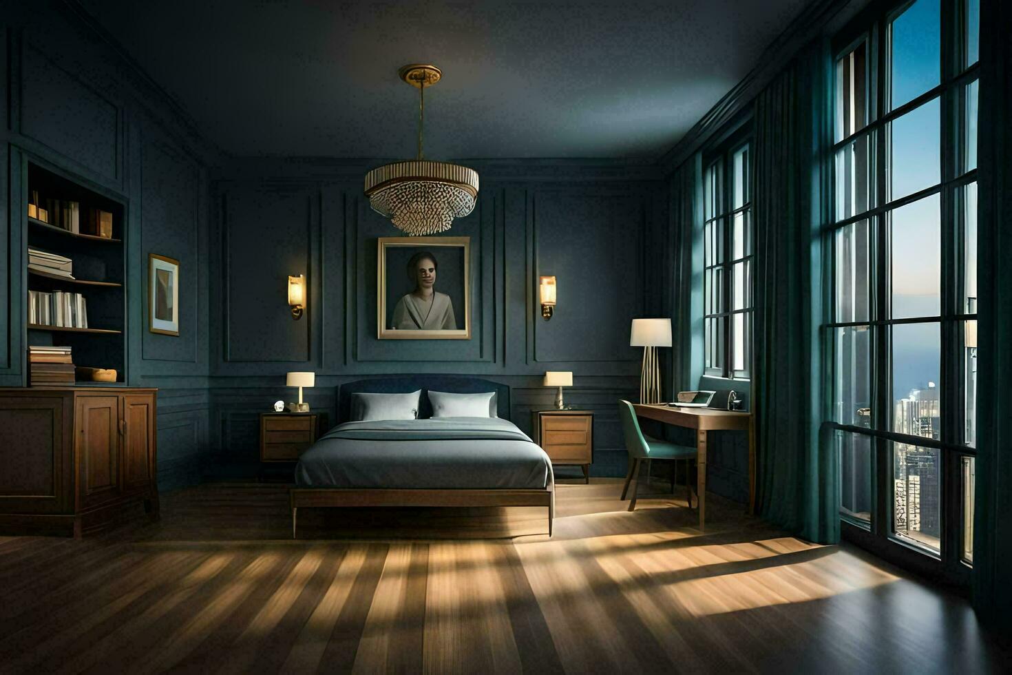 un' Camera da letto con buio blu muri e legna piani. ai-generato foto