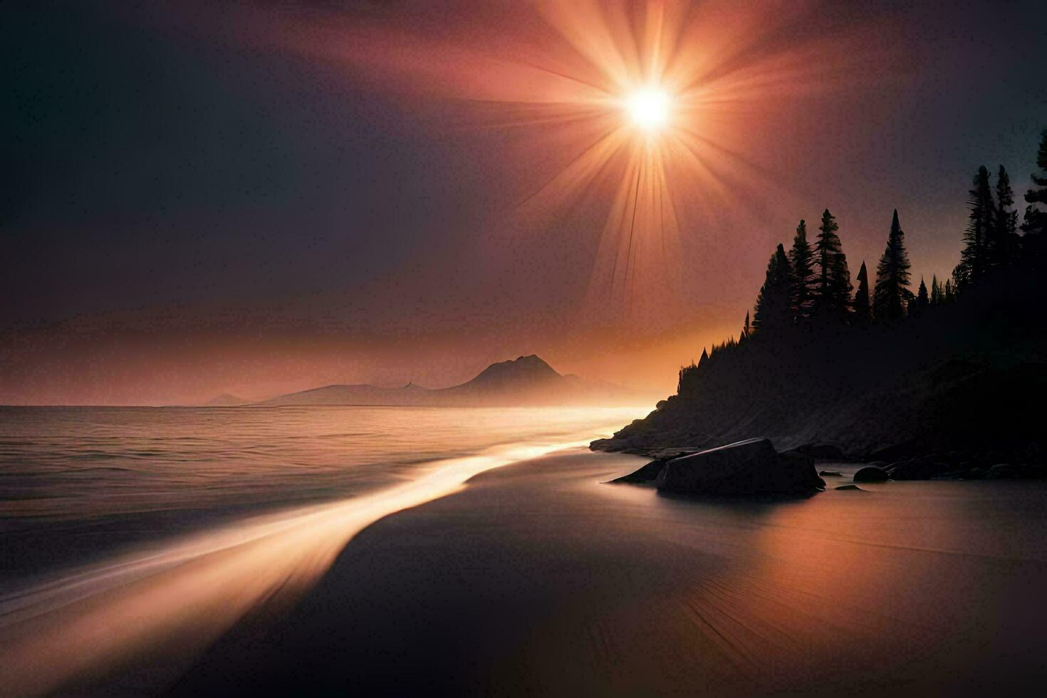 il sole brilla al di sopra di un' spiaggia e alberi. ai-generato foto