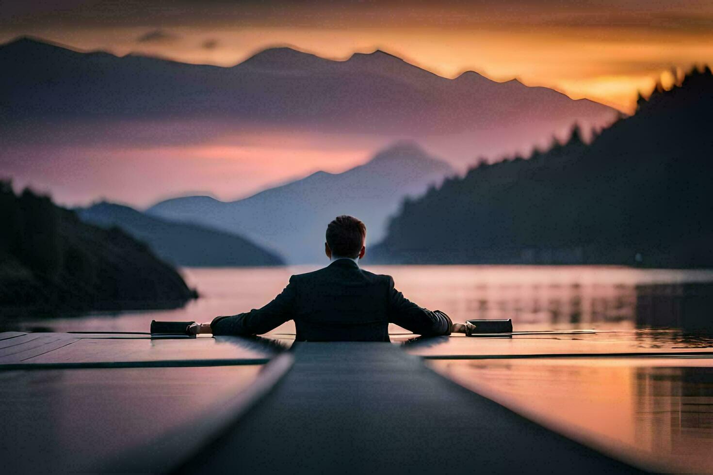 un' uomo nel un' completo da uomo si siede su un' barca a tramonto. ai-generato foto