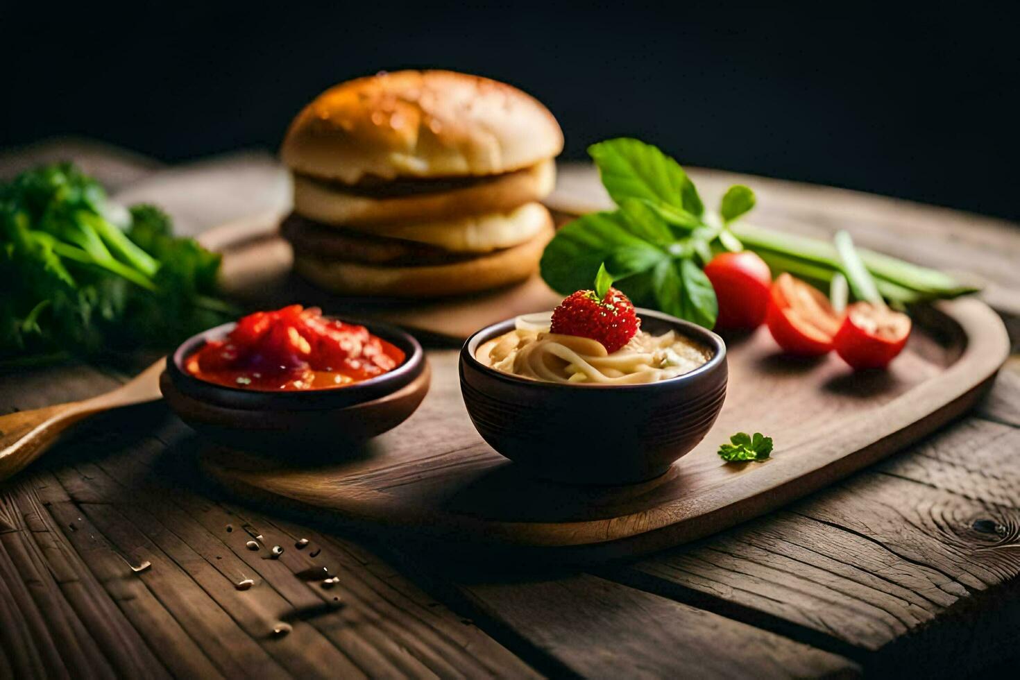 un' piatto con un' hamburger, pomodoro e un' ciotola di ketchup. ai-generato foto