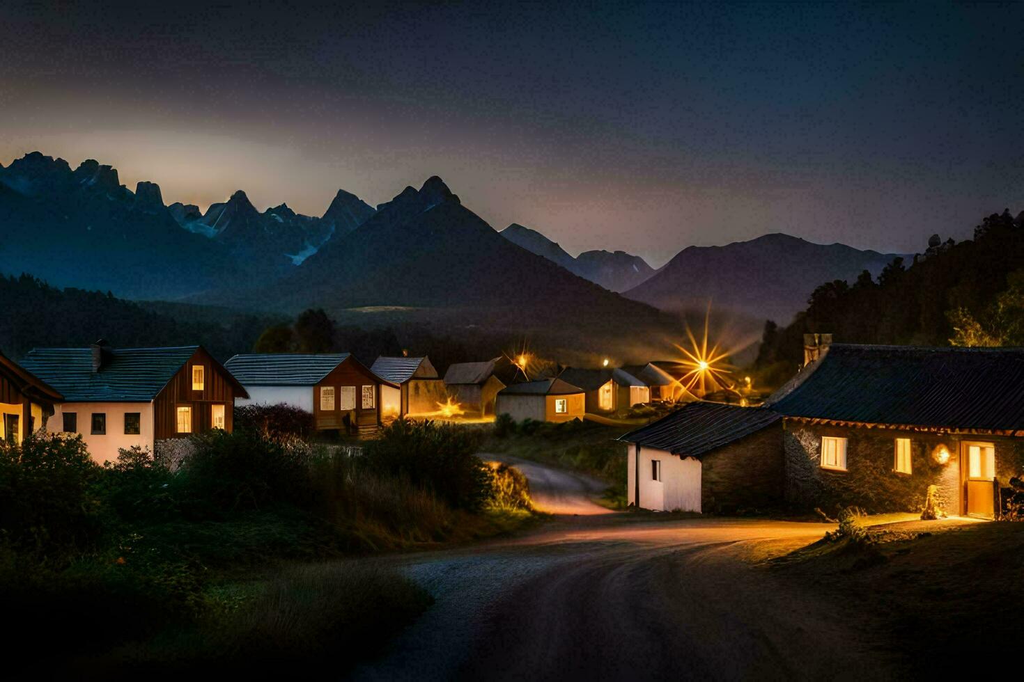 foto sfondo il cielo, montagne, strada, case, il notte, il montagne, il villaggio. ai-generato