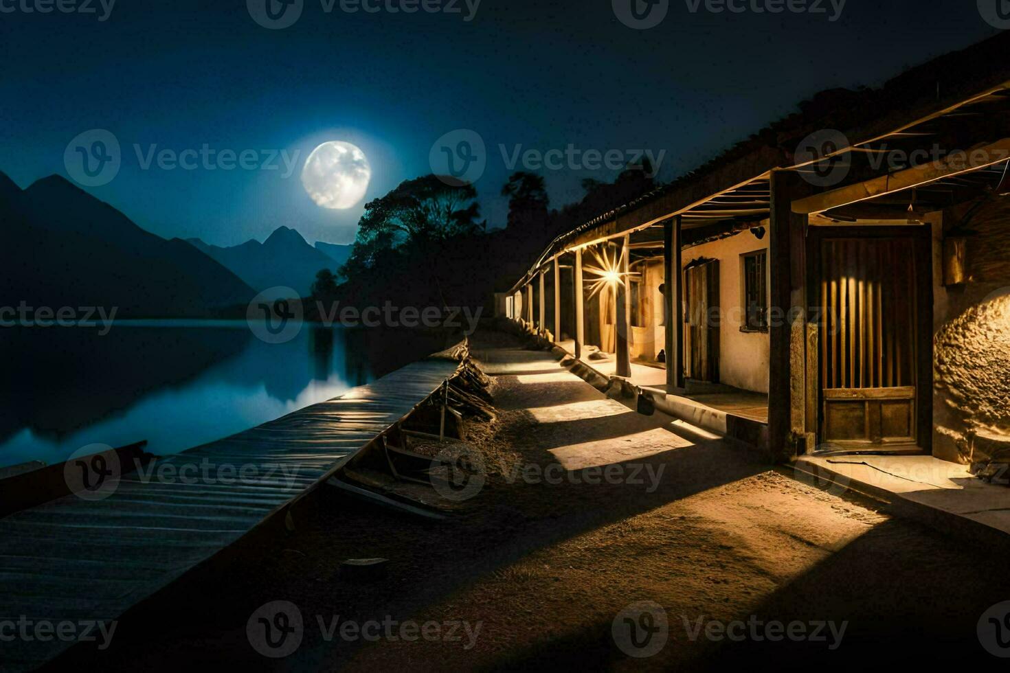 un' illuminato dalla luna notte a il lago. ai-generato foto