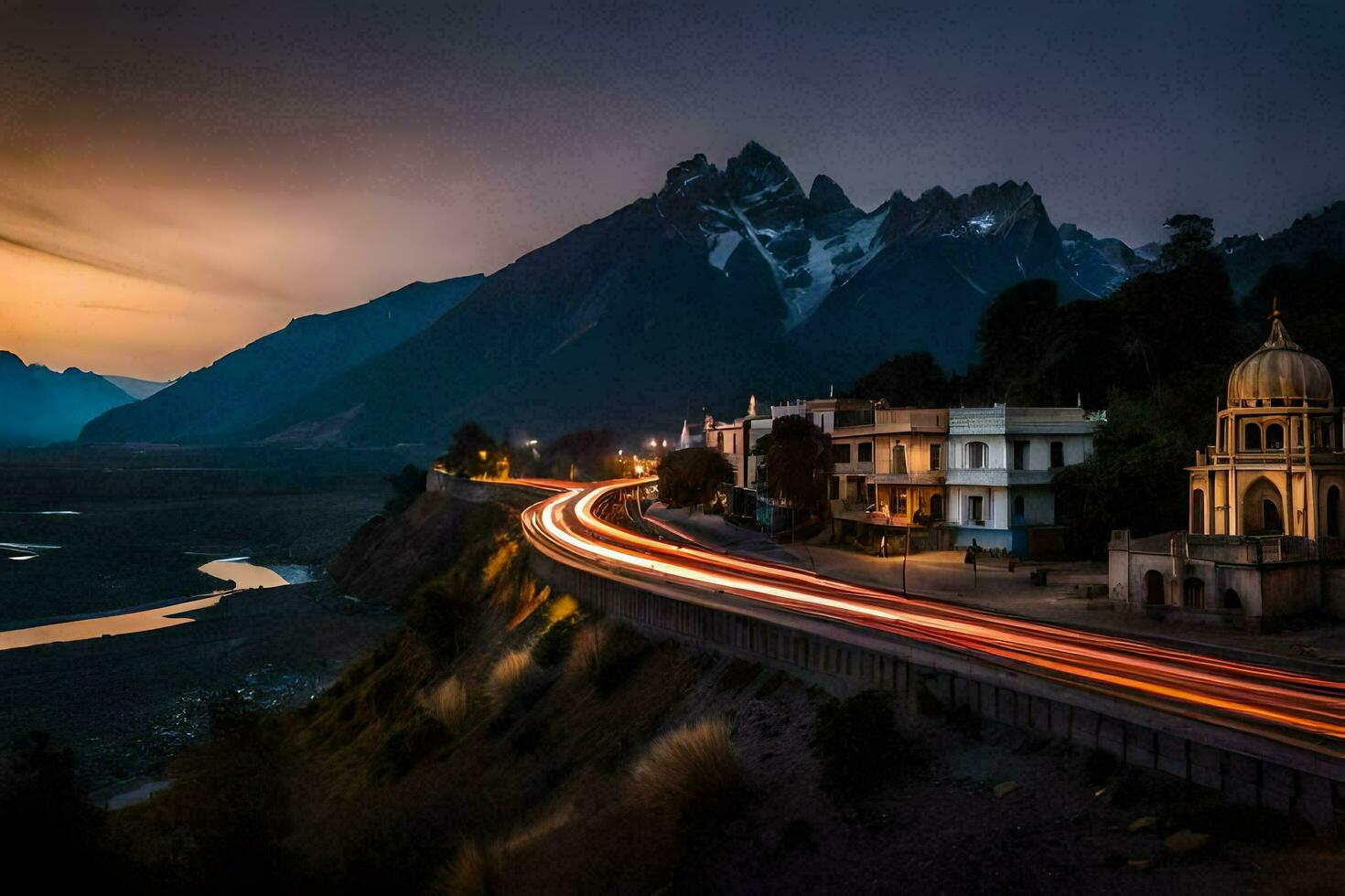 un' lungo esposizione fotografia di un' strada e montagne a crepuscolo. ai-generato foto
