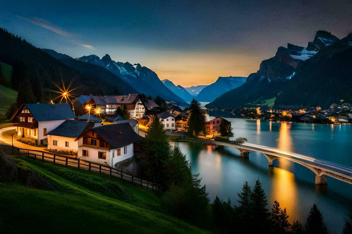 un' cittadina e ponte al di sopra di un' fiume a notte. ai-generato foto