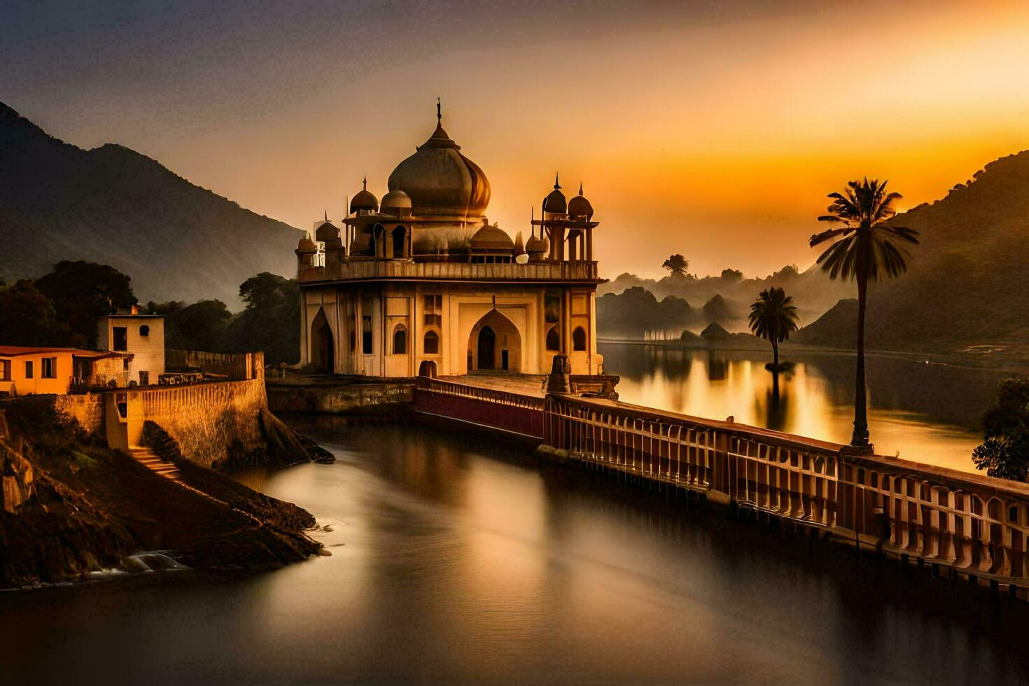 il tramonto al di sopra di il lago nel India. ai-generato foto