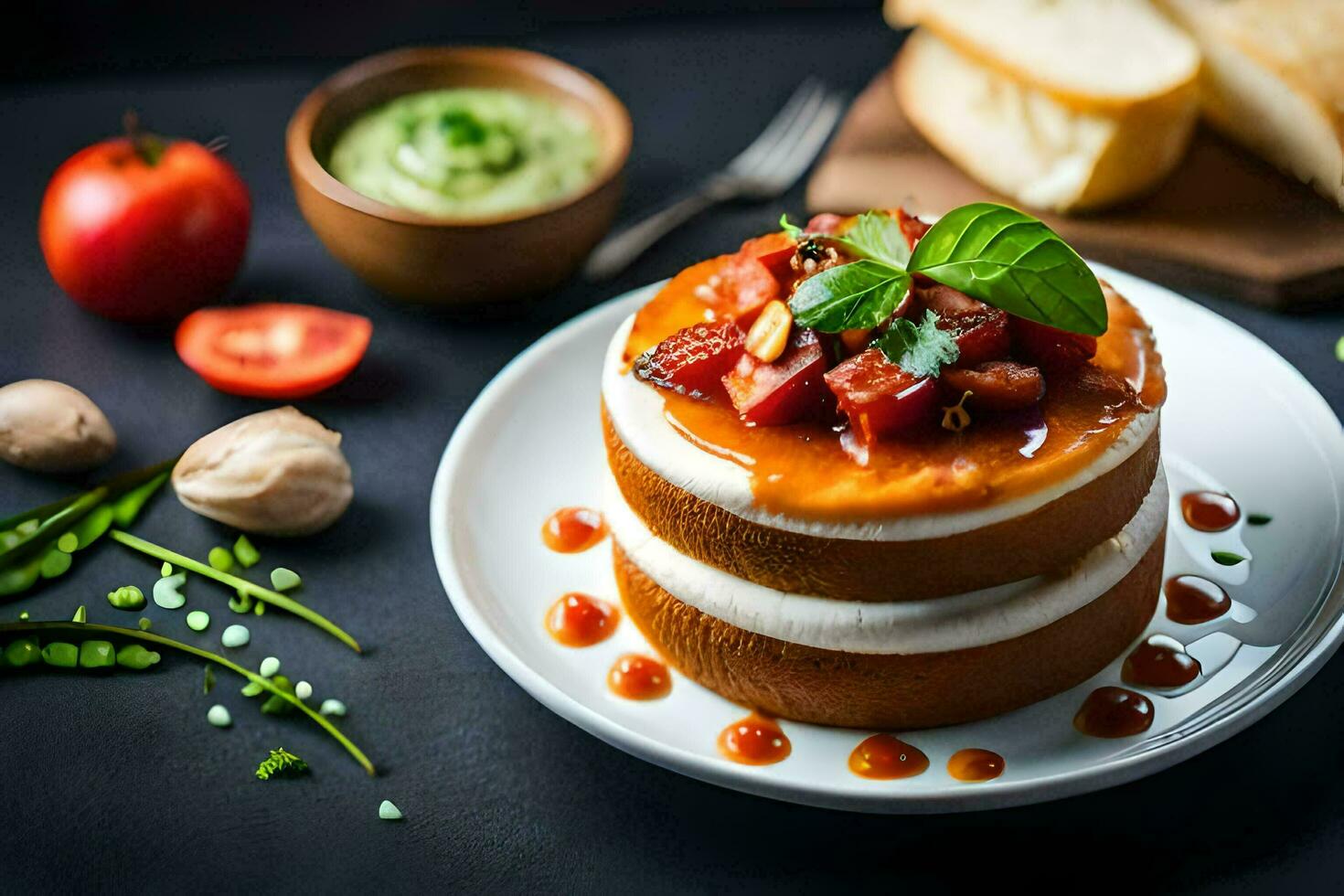 un' torta con pomodori e basilico su esso. ai-generato foto