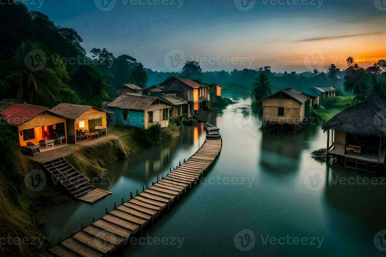 un' fiume nel il mezzo di un' villaggio con di legno case. ai-generato foto