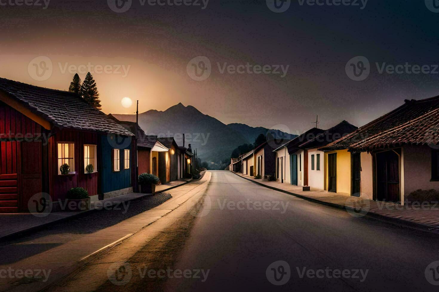 un' strada nel il mezzo di un' villaggio a notte. ai-generato foto