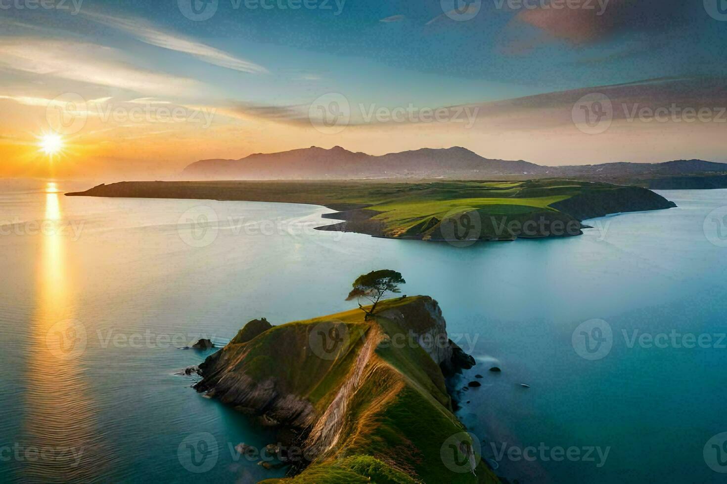 il sole imposta al di sopra di il oceano e il isola nel il primo piano. ai-generato foto