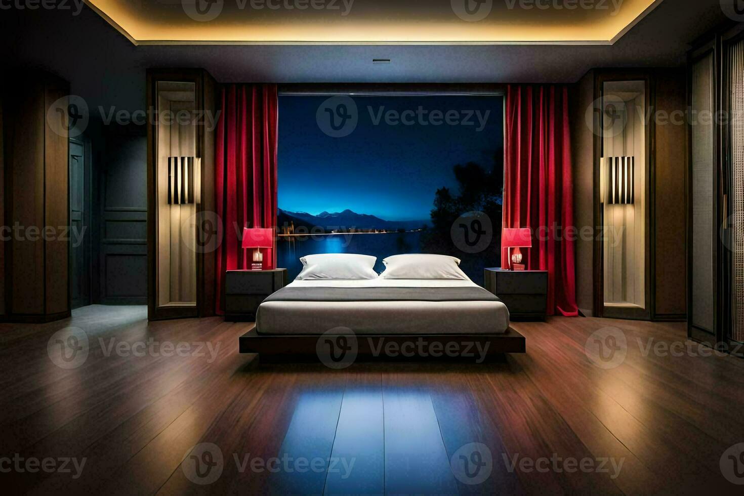 un' Camera da letto con un' grande letto e rosso tende. ai-generato foto