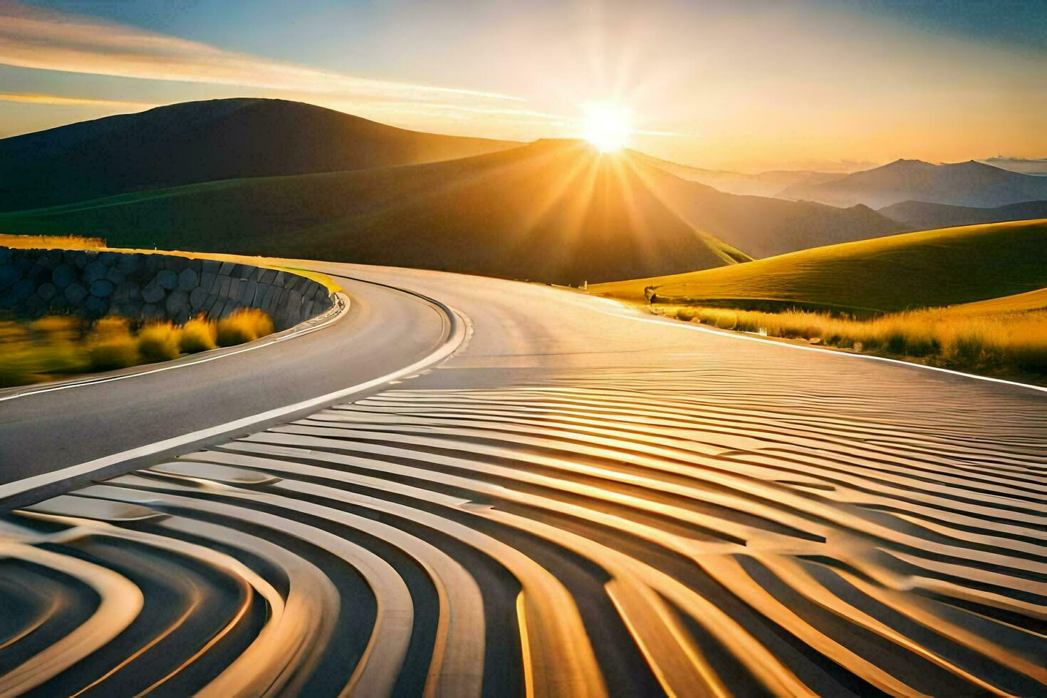 il sole è ambientazione al di sopra di un' strada nel il montagne. ai-generato foto