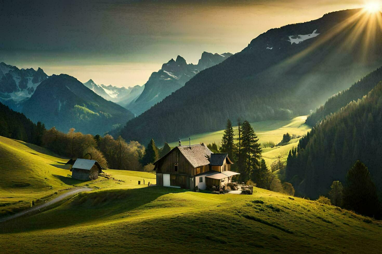 il sole brilla su un' Casa nel il montagne. ai-generato foto