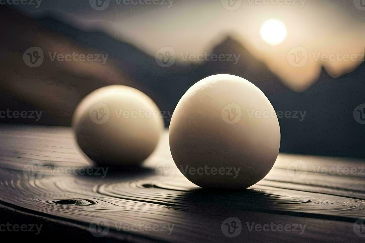 Due uova su un' di legno tavolo con montagne nel il sfondo. ai-generato foto