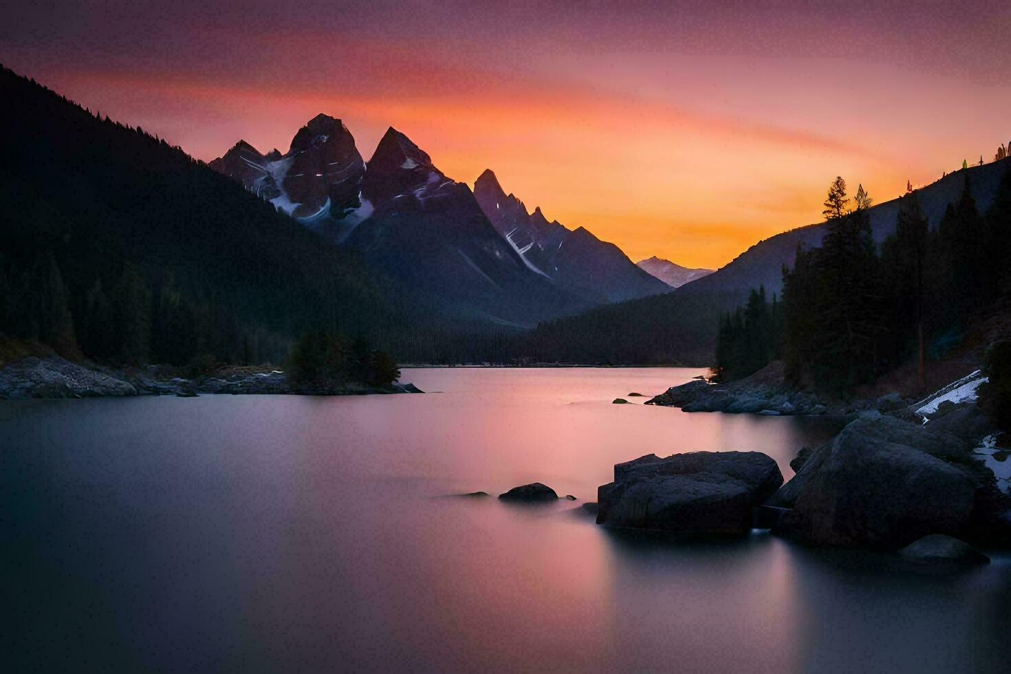 un' bellissimo tramonto al di sopra di un' lago e montagne. ai-generato foto
