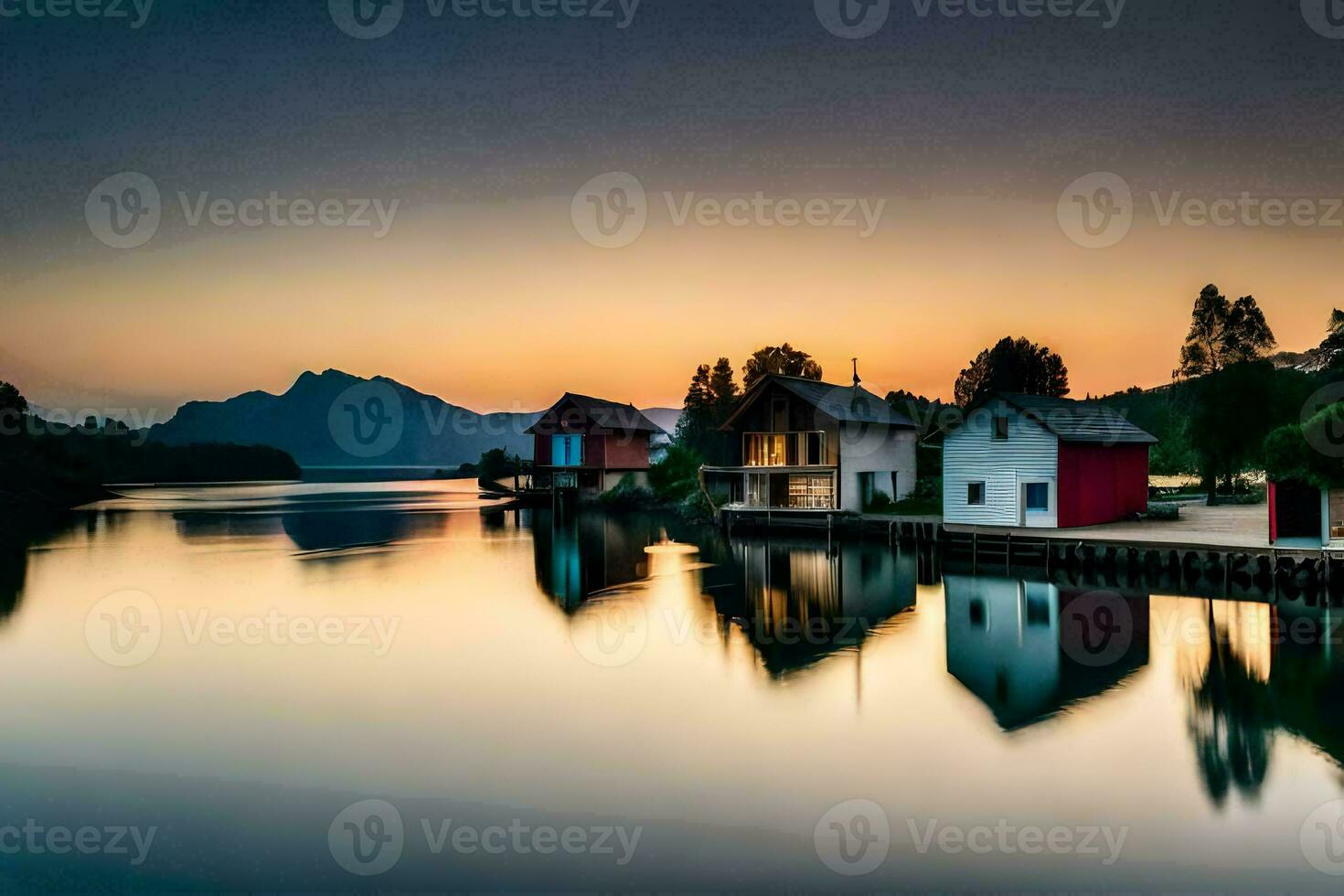 case su il acqua a tramonto con montagne nel il sfondo. ai-generato foto