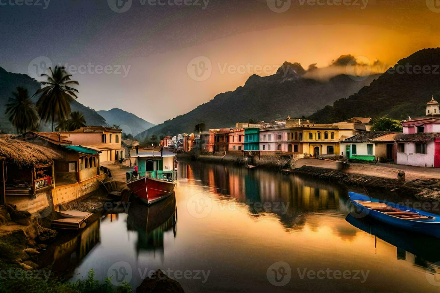 un' fiume nel davanti di colorato case a tramonto. ai-generato foto