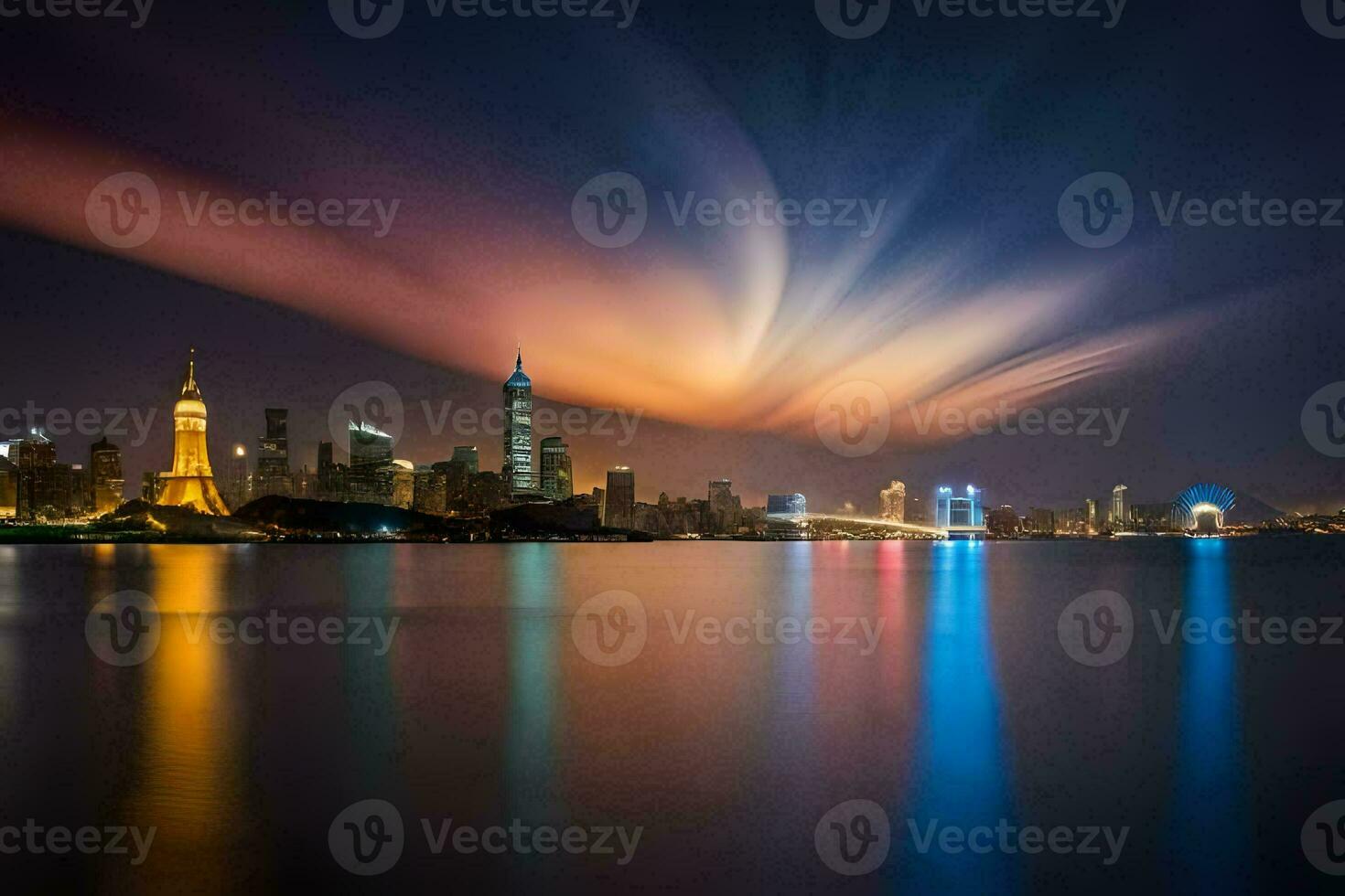 il città orizzonte a notte con colorato luci. ai-generato foto