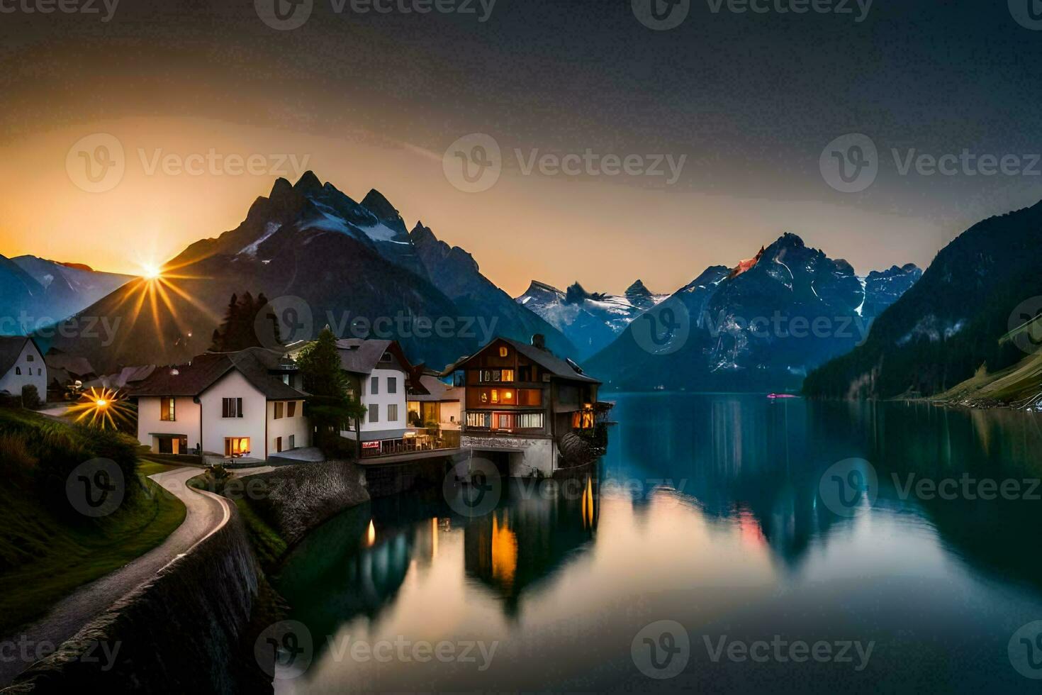 un' lago e case nel il montagne a tramonto. ai-generato foto