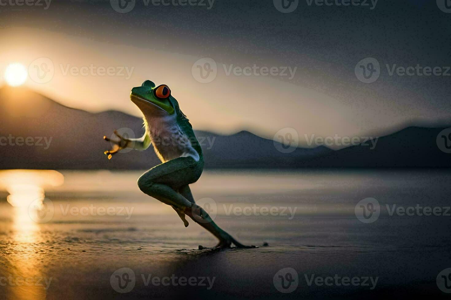 un' rana salto nel il acqua a tramonto. ai-generato foto