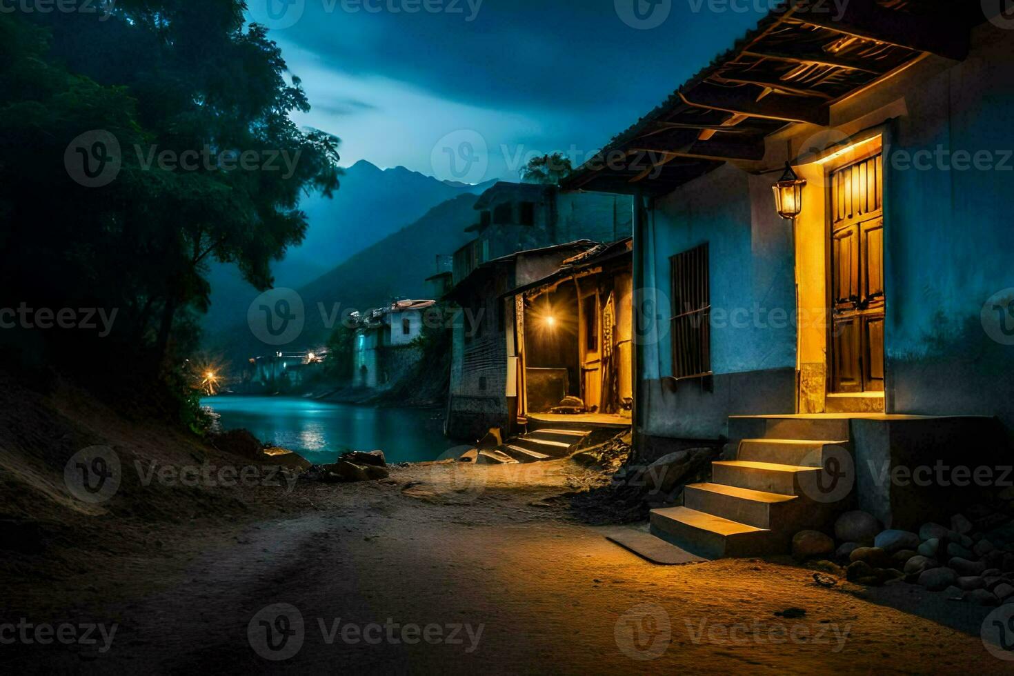 un' Casa di il fiume a notte. ai-generato foto