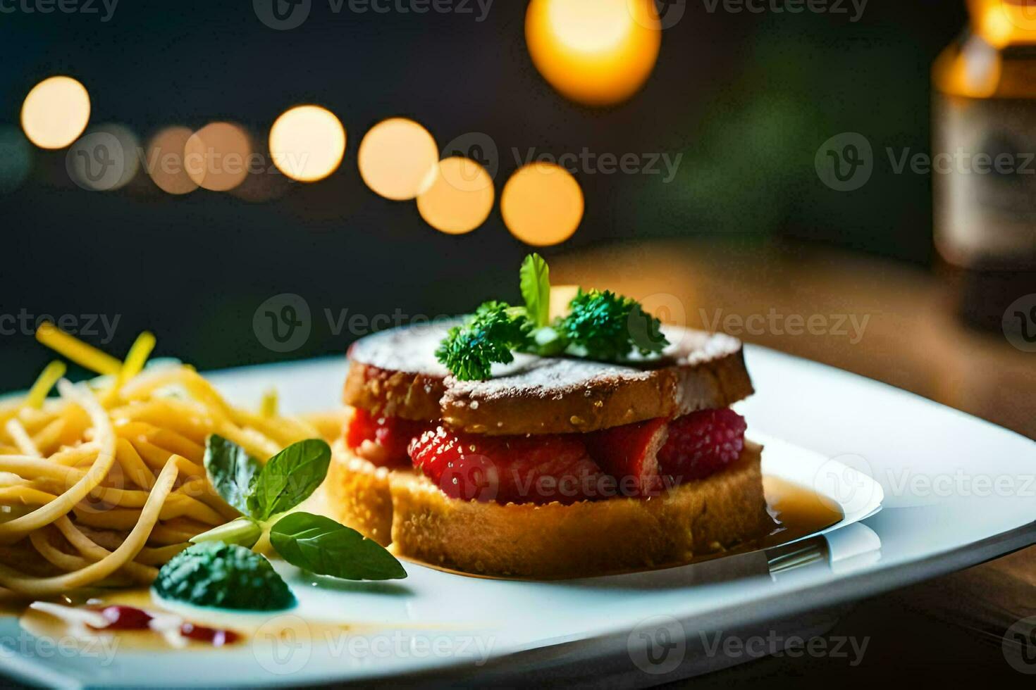 un' piatto con un' Sandwich e spaghetti su esso. ai-generato foto