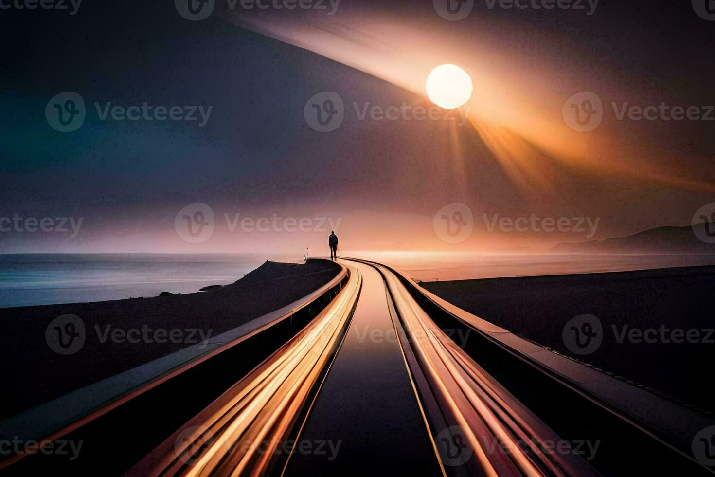 un' uomo in piedi su un' treno traccia a tramonto. ai-generato foto