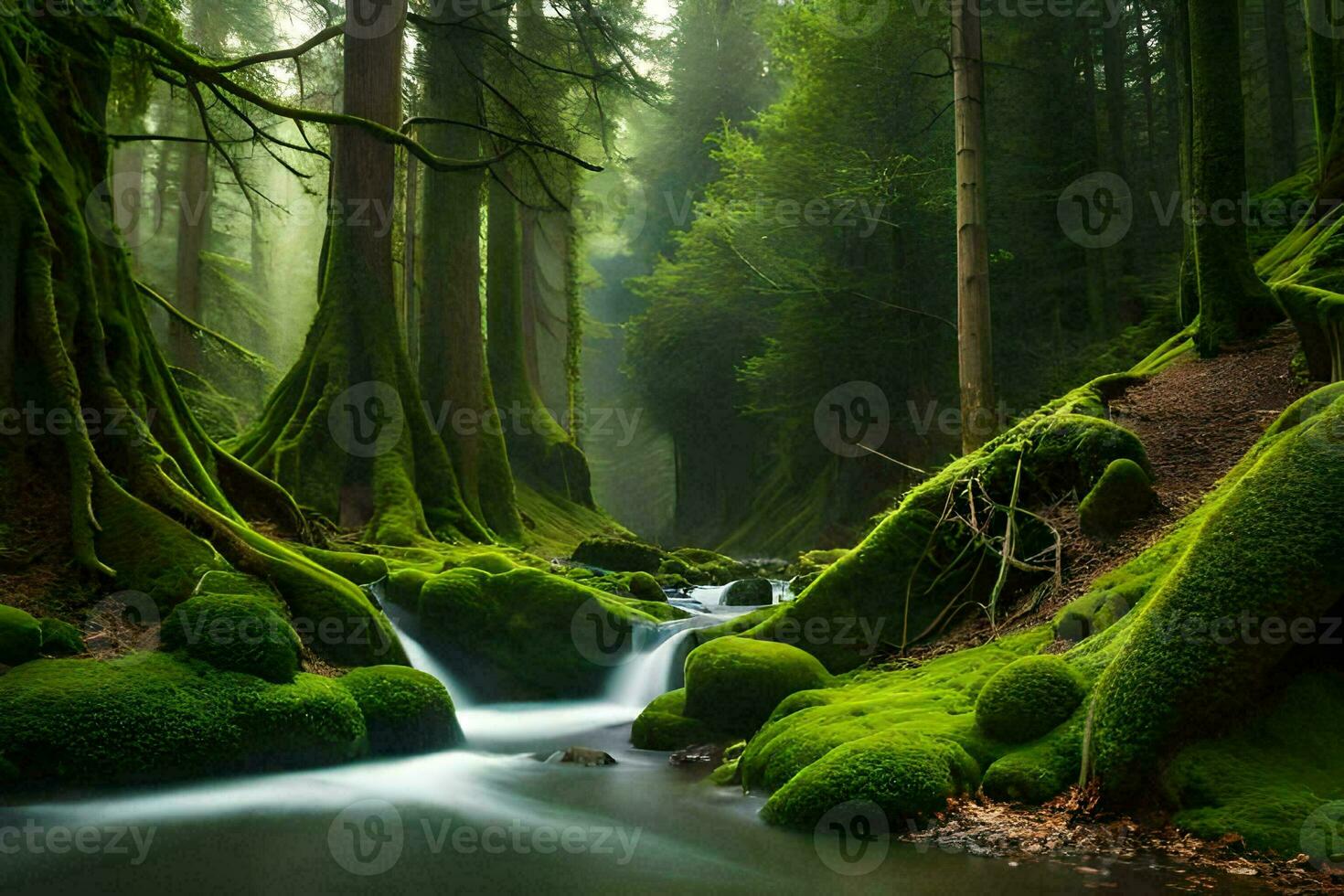 un' ruscello corre attraverso un' verde foresta con muschioso rocce. ai-generato foto