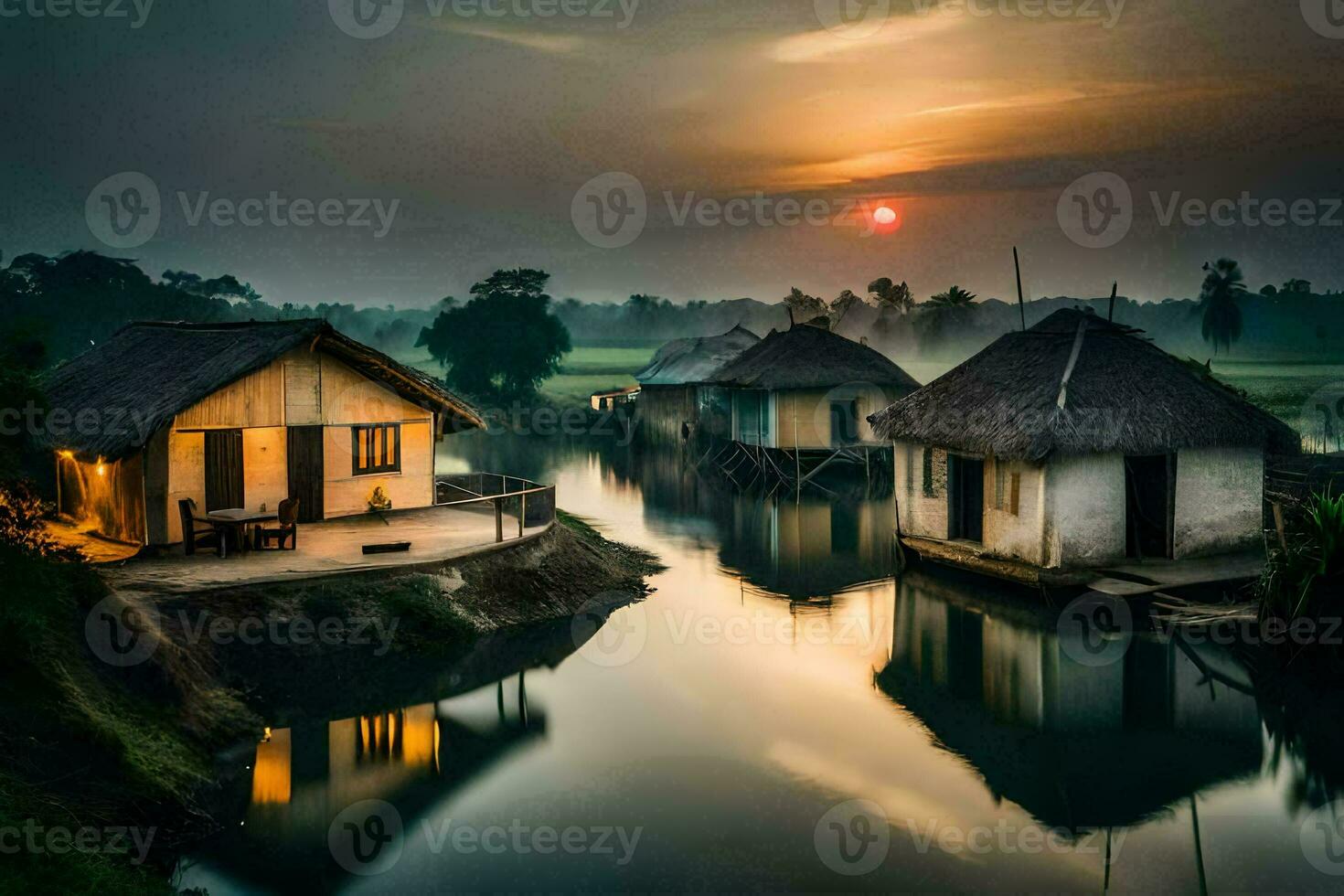 foto sfondo il cielo, acqua, tramonto, il fiume, case, il villaggio, il villaggio. ai-generato
